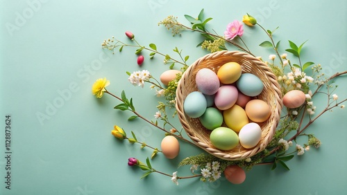 Colorful Easter Egg Basket Delight in a Minimalist Setting with Soft Pastels and Natural Elements for a Cheerful Spring Vibe