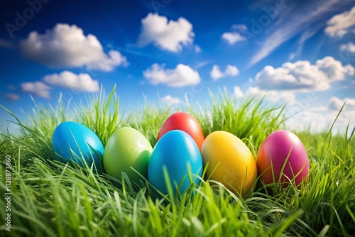 Colorful Easter Eggs Nestled in Lush Green Grass Under a Bright Blue Sky - A Minimalist Photography Perspective Capturing the Vibrancy of Spring Celebrations