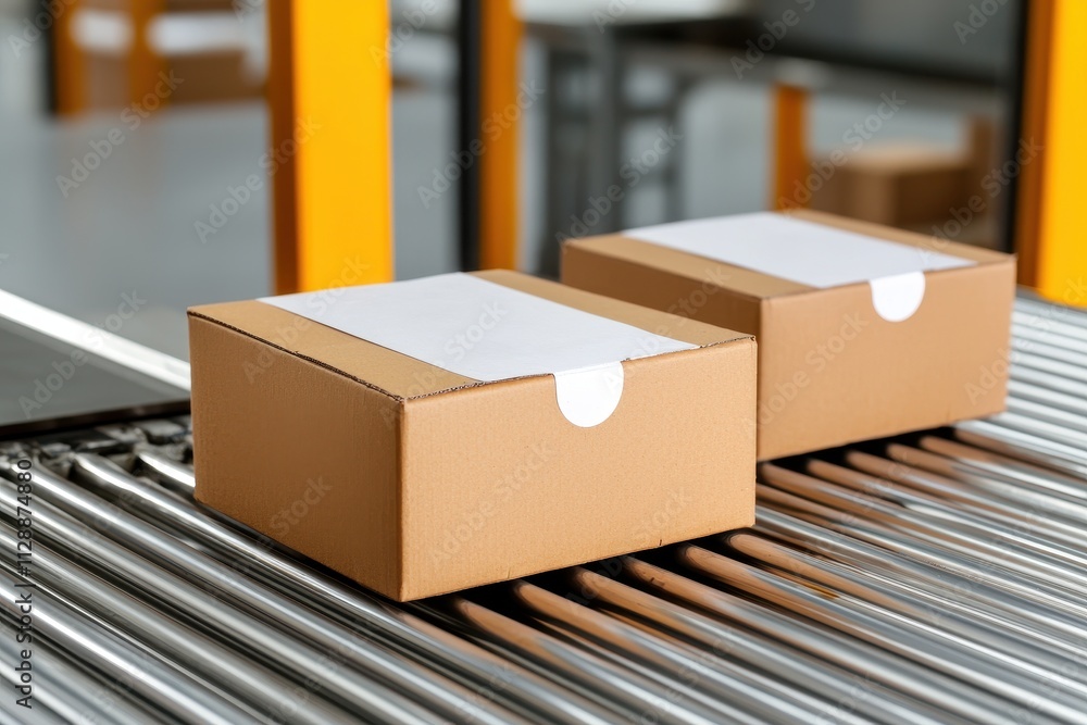 Brown cardboard boxes on conveyor belt in modern warehouse for logistics and delivery Brown cardboard boxes on conveyor belt in modern warehouse for logistics and delivery
