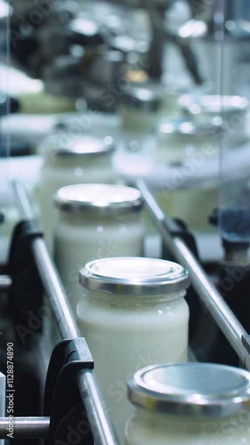 Automatic line for bottling and preserving dairy milk products at a food factory, close-up. The machine automatically seals lids on milk cans, which then move along a conveyor belt to the warehouse.