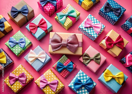 Colorful Gifts in Boxes with Elegant Bowties on a Soft Pink Background for Celebrations and Special Occasions, Perfect for Holiday Promotions and Gift Giving Inspiration