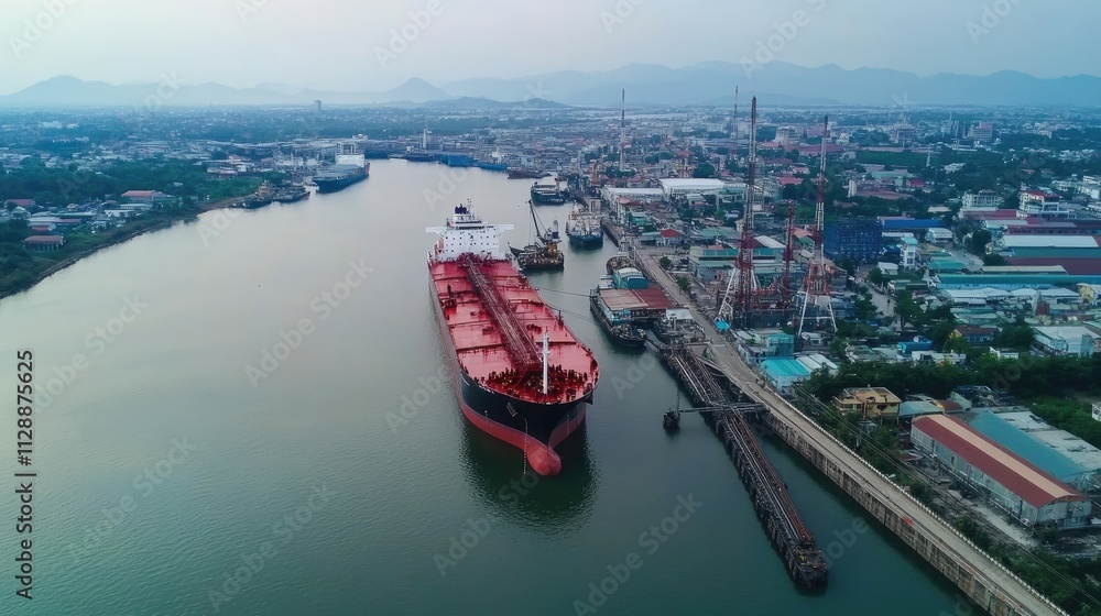 Naklejka premium oil tanker, gas tanker in the high sea.Refinery Industry cargo ship. top view,aerial view,Thailand, in import export, LPG,oil refinery, Logistics and transportation with working crane bridge in harbor