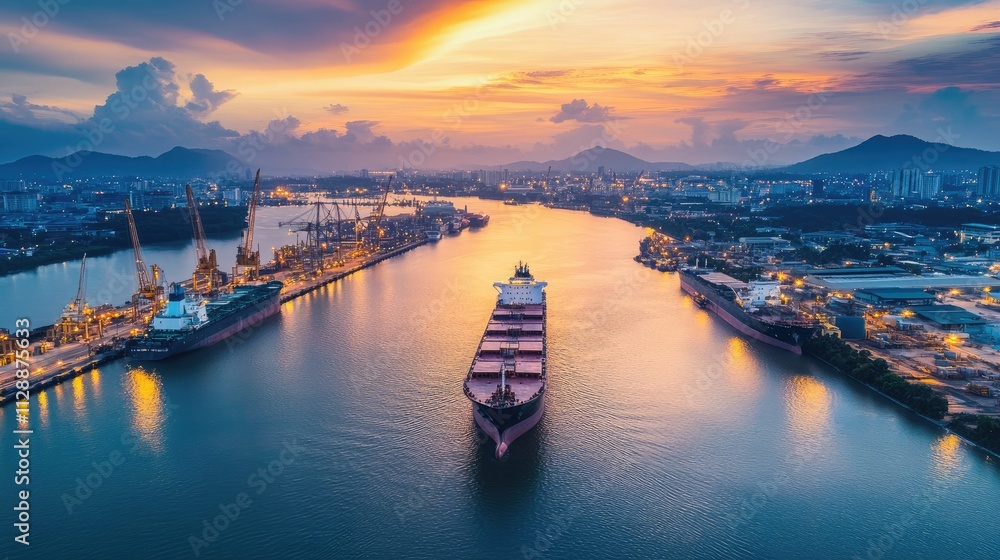 Fototapeta premium oil tanker, gas tanker in the high sea.Refinery Industry cargo ship. top view,aerial view,Thailand, in import export, LPG,oil refinery, Logistics and transportation with working crane bridge in harbor