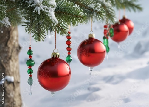 Row of red and green glass ornaments on the snowy ground with a few icicles hanging from the nearby tree branches , holiday, winter, shining