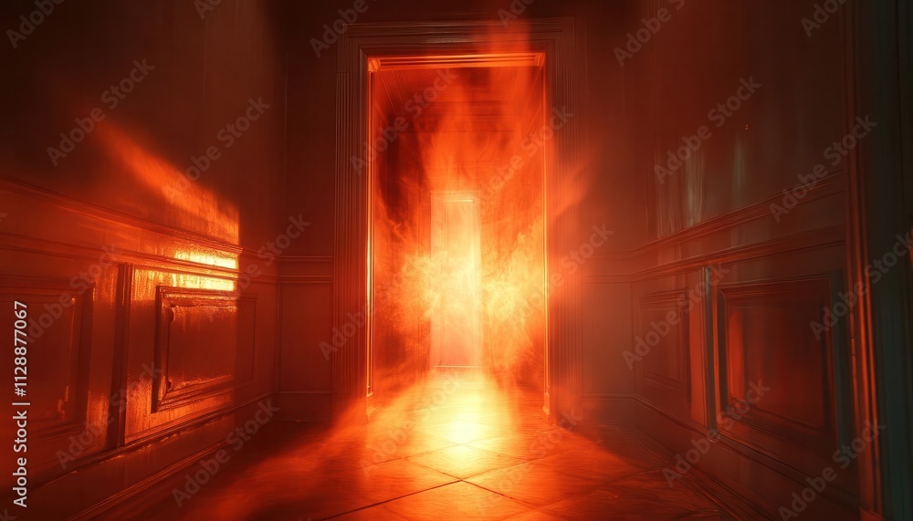 Fototapeta premium A symbolic glowing shadow overlay creeping across a doorway, cinematic suspense and depth