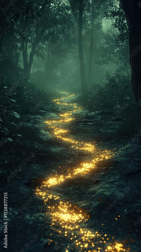 Fototapeta premium A symbolic glowing trail left by a thief being tracked in realtime, dramatic depth and suspenseful tones
