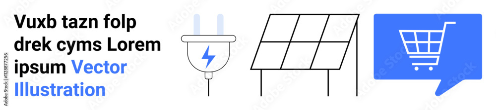 Solar panel, plug with electric symbol, and shopping cart in blue speech bubble. Ideal for sustainability, renewable energy, eco-friendly products, e-commerce, electric power, technology, green Solar panel, plug with electric symbol, and shopping cart in blue speech bubble. Ideal for sustainability, renewable energy, eco-friendly products, e-commerce, electric power, technology, green