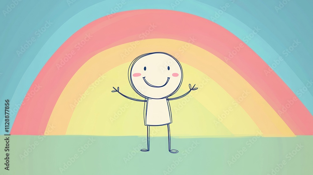 A cute stick figure cartoon character with open arms, smiling against a pastel rainbow background in a minimalistic style. A cute stick figure cartoon character with open arms, smiling against a pastel rainbow background in a minimalistic style.
