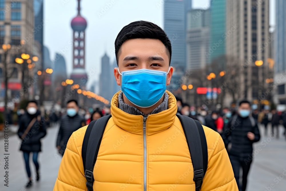 A crowded urban street with people wearing face masks, illuminated by the glow of streetlights during a hazy evening A crowded urban street with people wearing face masks, illuminated by the glow of streetlights during a hazy evening