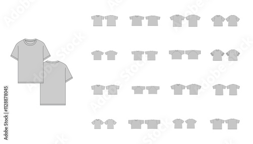 Set of Different T-Shirts Template - Technical Flat Drawing of Basic Tshirts V-neck Tee Shirt Design - Boxy T-Shirt Technical Illustration - Fitted Tee Shirt Vector Front and Back Views