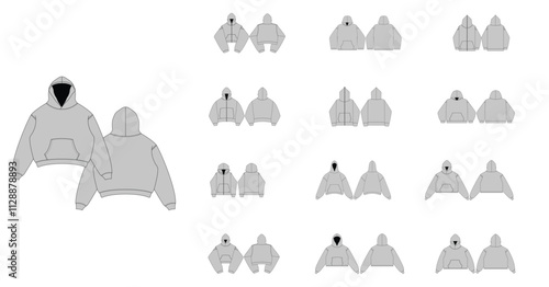 Streetwear Hoodie Collection Technical Fashion Illustration - Zip Heavyweight Hoodie Flat Apparel Templates - Technical Drawing Set of Hodies with Front and Back Views - Men, Woman, Unisex CAD Mockups