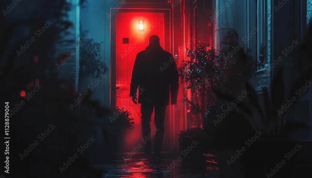 A thief breaking into a house, their silhouette framed by a glowing security alarm, cinematic suspense A thief breaking into a house, their silhouette framed by a glowing security alarm, cinematic suspense