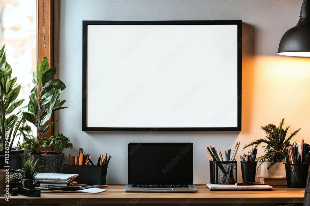 Modern Home Office Workspace with Blank Frame and Laptop Modern Home Office Workspace with Blank Frame and Laptop