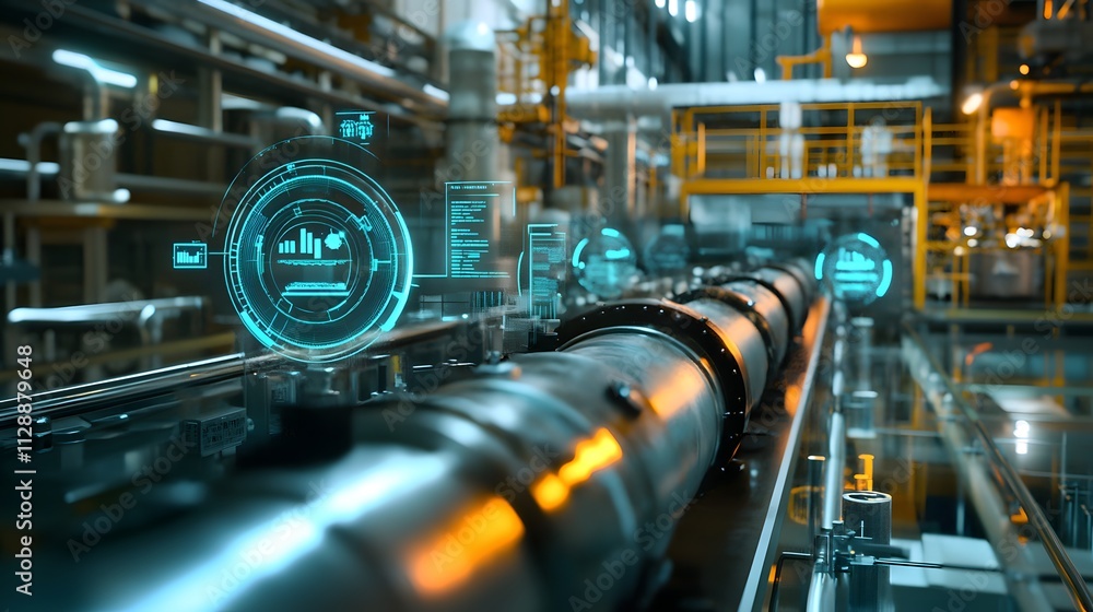 An depicting IoT sensors actively monitoring equipment conditions, with visual indicators showing predictive maintenance alerts and real-time data analysis An depicting IoT sensors actively monitoring equipment conditions, with visual indicators showing predictive maintenance alerts and real-time data analysis