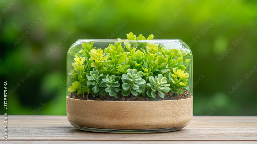 A glass terrarium with lush green succulents sits on a wooden surface, set against a blurred natural background, creating a serene and decorative display. A glass terrarium with lush green succulents sits on a wooden surface, set against a blurred natural background, creating a serene and decorative display.