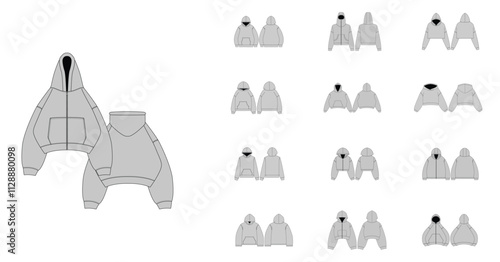 Streetwear Hoodie Collection Technical Fashion Illustration - Zip Heavyweight Hoodie Flat Apparel Templates - Technical Drawing Set of Hoodies with Front and Back Views - Men,