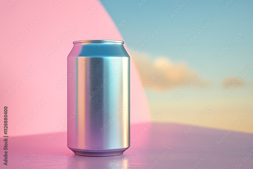 Blank aluminum can on pink and blue background, minimalistic style Blank aluminum can on pink and blue background, minimalistic style