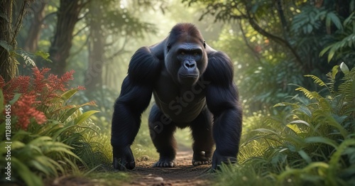 A western lowland gorilla walking through the undergrowth, forest, gorilla