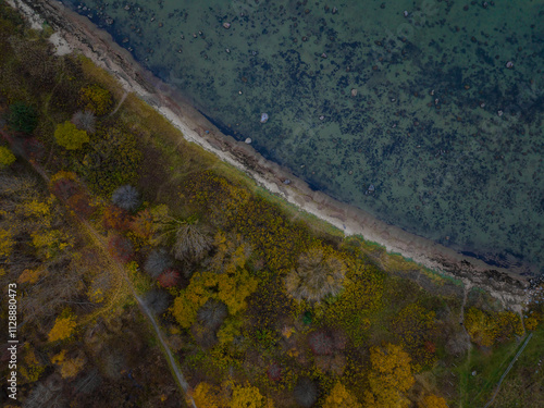 Aerial top down photo of shoreline of Paljassaare Peninsula in Tallinn, Estonia. On the left a dense forest displays a mix of autumn colors. On the right a rocky shoreline leading to clear waters. photo