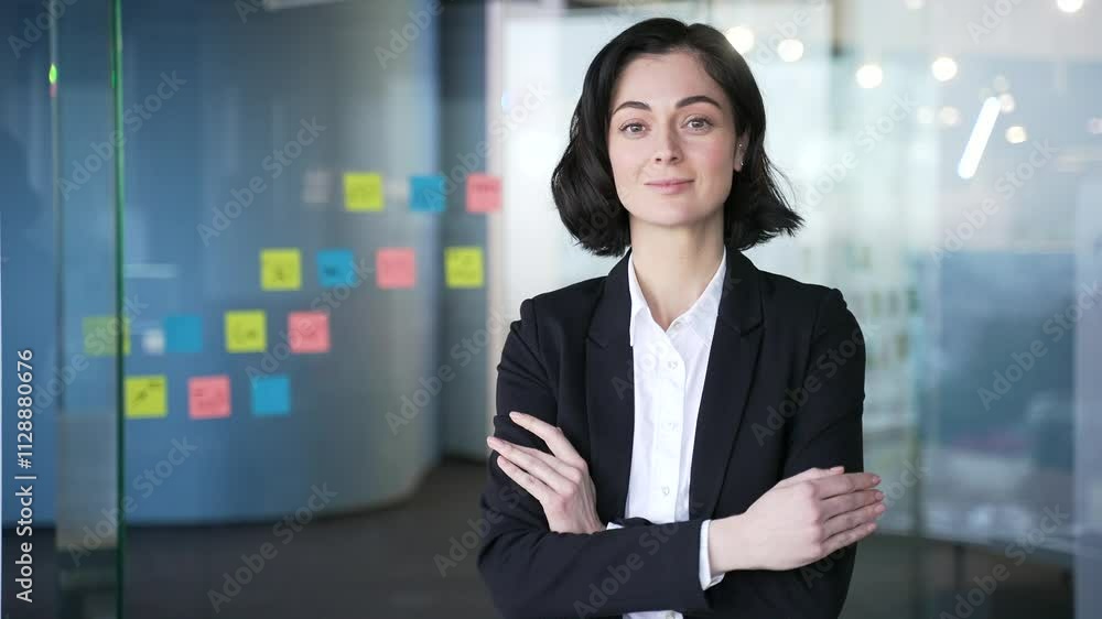 Portrait of a confident businesswoman in modern office with arms crossed smiling. Headshot of young positive female manager in suit. Represents professional success, entrepreneurship, and leadership Portrait of a confident businesswoman in modern office with arms crossed smiling. Headshot of young positive female manager in suit. Represents professional success, entrepreneurship, and leadership