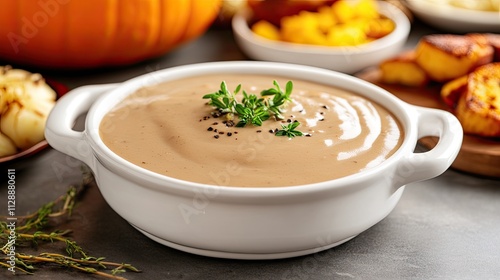 Traditional apple and pumpkin gravy in a ceramic bowl, paired with turnip meg and Woodruff cakes on a dinner table photo