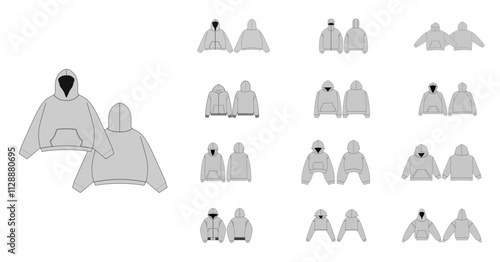 Technical Drawing Set of Hoodies with Front and Back Views - Men, Woman, Unisex CAD Mockups, Streetwear Hoodie Collections Technical Fashion Illustration - Zipper Hoodie Flat Apparel Templates