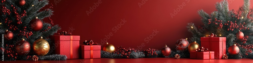 Christmas Tree, Red Ornaments, Lights, Green Bow, Gift Boxes, Red Curtain banner, Holiday Greetings or Advertising Christmas Tree, Red Ornaments, Lights, Green Bow, Gift Boxes, Red Curtain banner, Holiday Greetings or Advertising
