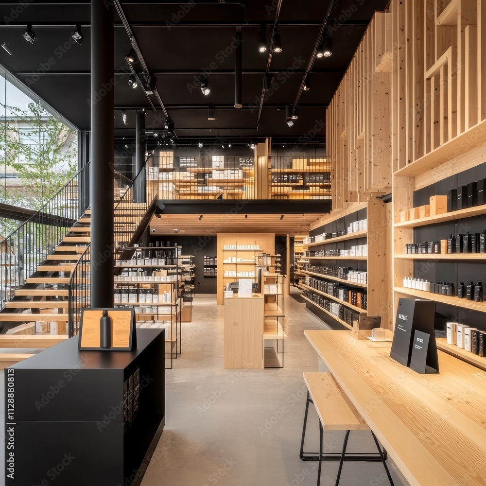 Modern Minimalist Retail Store Interior Design with Wooden Accents. Modern Minimalist Retail Store Interior Design with Wooden Accents.
