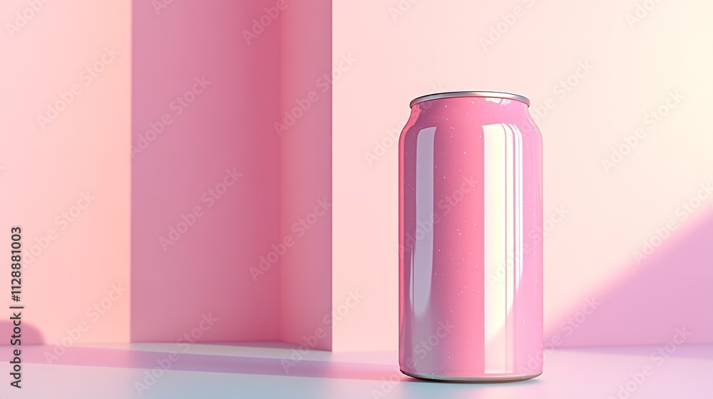 Pink soda can on pastel background with sunlight and shadows Pink soda can on pastel background with sunlight and shadows