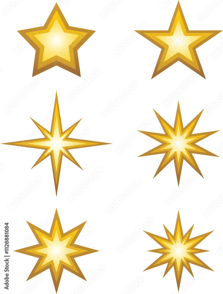 A set of gold star icons, including various flat designs for apps and websites A set of gold star icons, including various flat designs for apps and websites