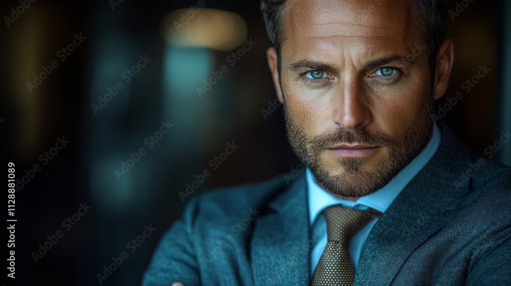 A man in a suit and tie with a beard and blue eyes A man in a suit and tie with a beard and blue eyes