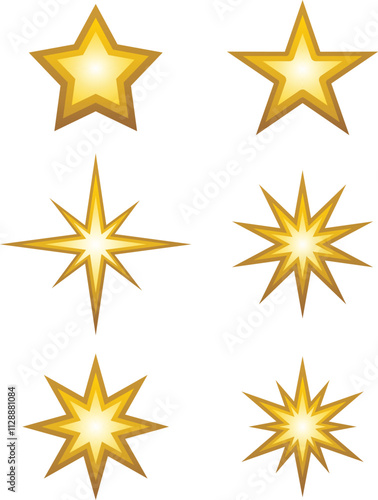 A set of gold star icons, including various flat designs for apps and websites