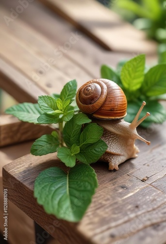 A snail is seen eating a fresh mint leaf on a garden bench, outdoor, wildlife, snail photo