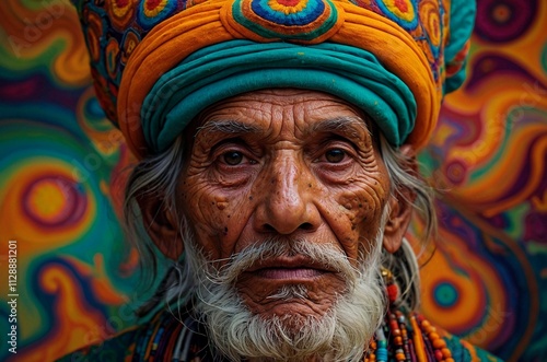 A close up portrait of an old man wearing rainbow colored turban against a vibrant psychedelic trippy background. Shaman, spiritual guru illustration concept. photo