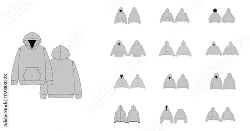 Technical Drawing Set of Hoodies with Front and Back Views - Men, Woman, Unisex CAD Mockups, Streetwear Hoodie Collections Technical Fashion Illustration - Zipper Hoodie Flat Apparel Templates