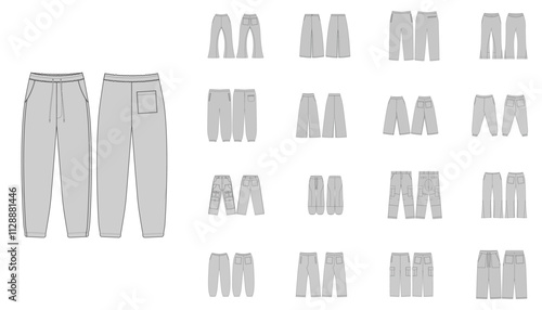 Activewear Fashion Technical Illustration - Trouser Joggers Front and Back Views, Men Women Unisex Trousers CAD Mockups - Set of Pants Joggers Trousers - Technical Flat Drawing of Jeans Pants Cargo 