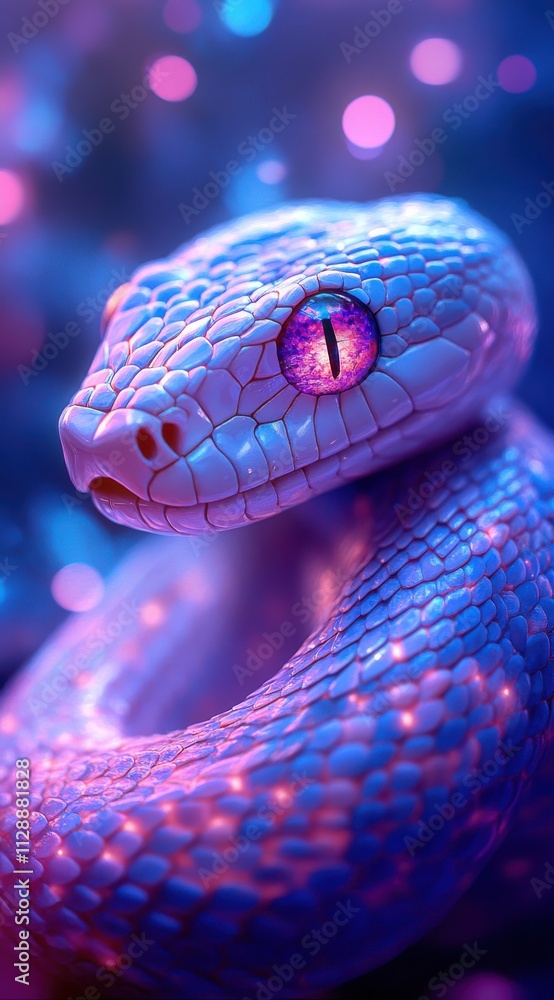 Vibrant glowing snake with pink scales and striking eyes at night Vibrant glowing snake with pink scales and striking eyes at night