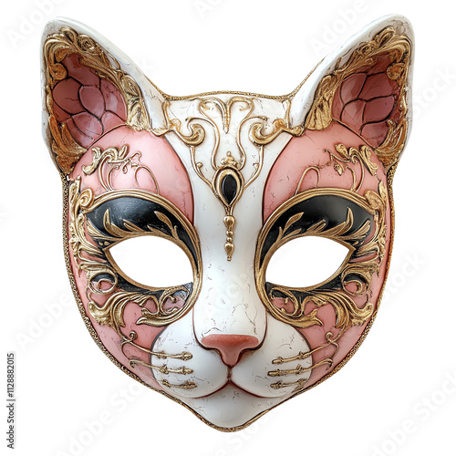 A decorative cat mask featuring intricate designs in pink, black, and gold, capturing an artistic and whimsical style.,transparent background photo