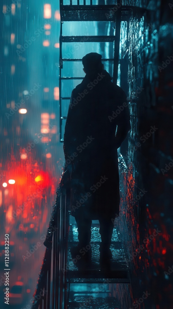 A thief s shadow cast on a high wall as they climb a fire escape, faint city lights glowing in the background A thief s shadow cast on a high wall as they climb a fire escape, faint city lights glowing in the background
