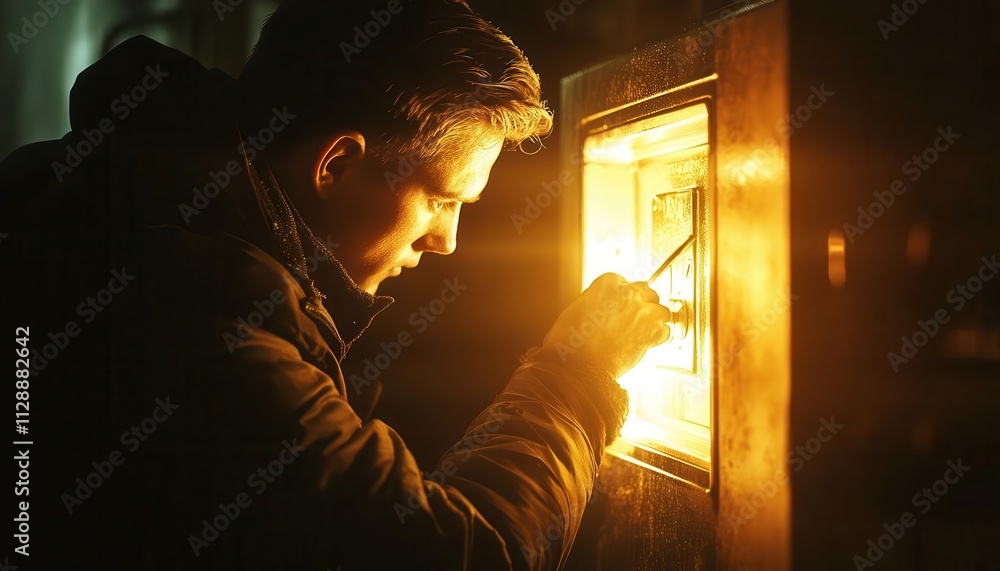 A thief unlocking a glowing safe with precision tools, their face partially hidden by shadows, cinematic lighting A thief unlocking a glowing safe with precision tools, their face partially hidden by shadows, cinematic lighting