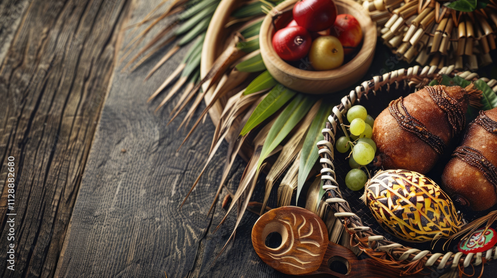 horizontal banner, Waitangi Day, New Zealand National Day, assorted tropical fruits and berries, wooden background, copy space, free space for text horizontal banner, Waitangi Day, New Zealand National Day, assorted tropical fruits and berries, wooden background, copy space, free space for text