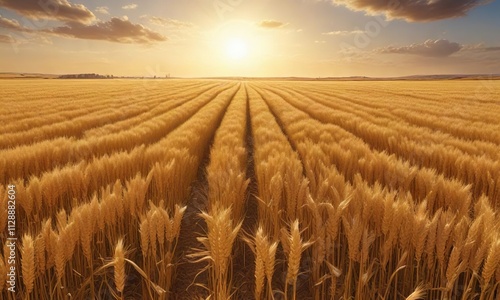 A panoramic view of a vast expanse of golden wheat fields stretching out as far as the eye can see , nature, countryside photo