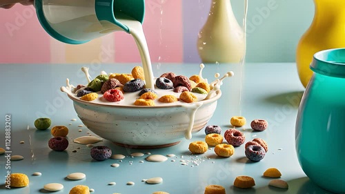 Colorful Breakfast Cereal with Milk Splashing in a Bowl on a Bright Pastel Background

 photo