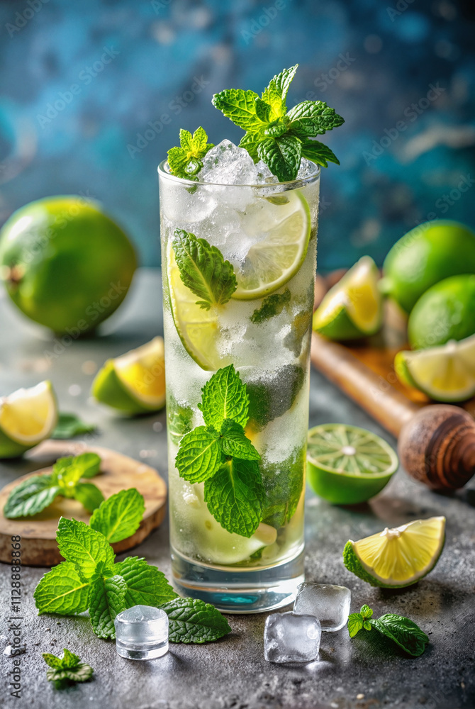 Refreshing lime and mint water in glass