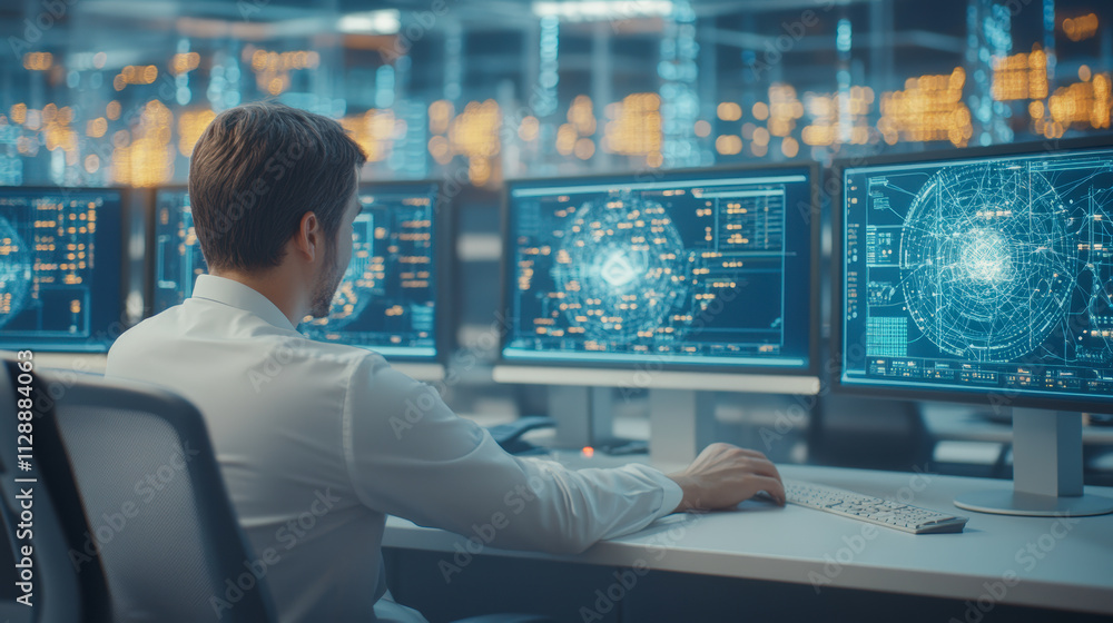 A person monitors intricate data and graphics on multiple computer screens in a high-tech control room, suggesting cyber operations or network management. A person monitors intricate data and graphics on multiple computer screens in a high-tech control room, suggesting cyber operations or network management.