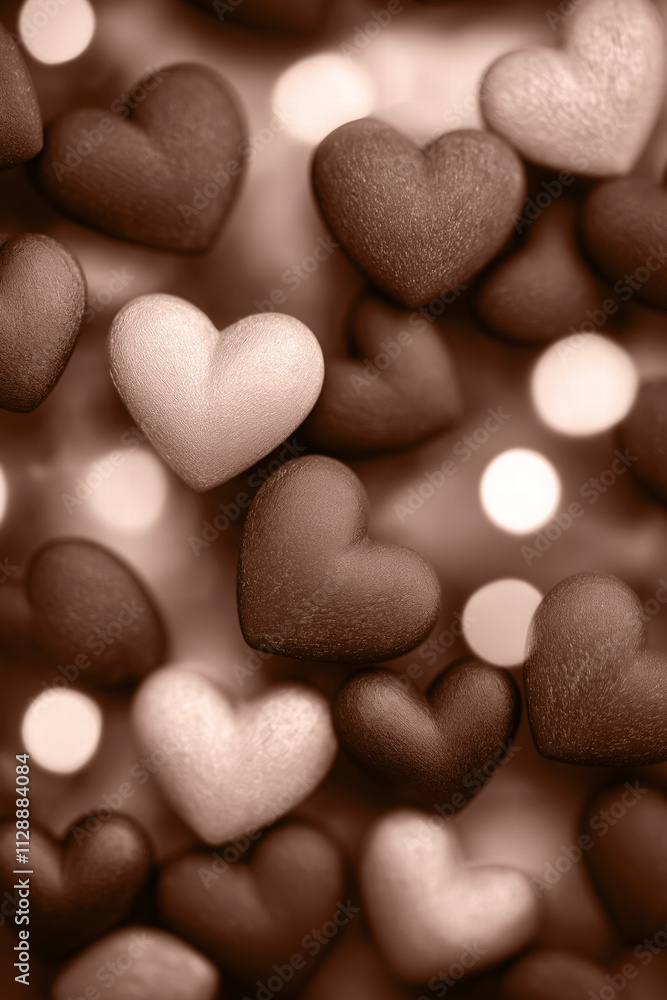 Fototapeta premium Mocha mousse, brown heart shapes in various shades with bokeh background, soft focus