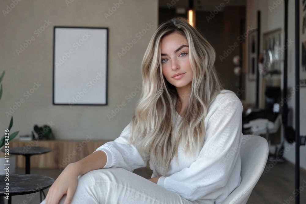 Blonde Woman in White Outfit Sitting in a Chair Blonde Woman in White Outfit Sitting in a Chair