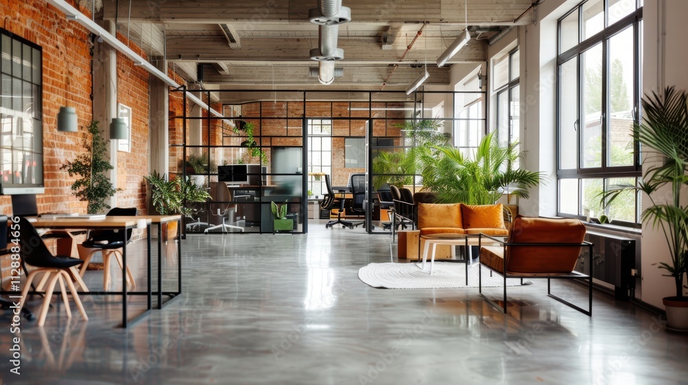 Fototapeta premium Modern Office Interior with Green Plants and Cozy Seating Areas