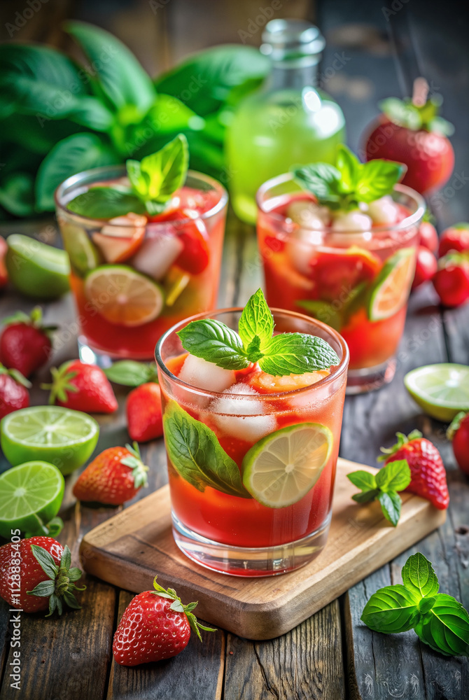 Strawberry lime mojito with mint garnish Strawberry lime mojito with mint garnish
