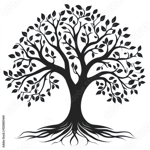 Black silhouette of a large tree with extensive roots and full foliage. (1)